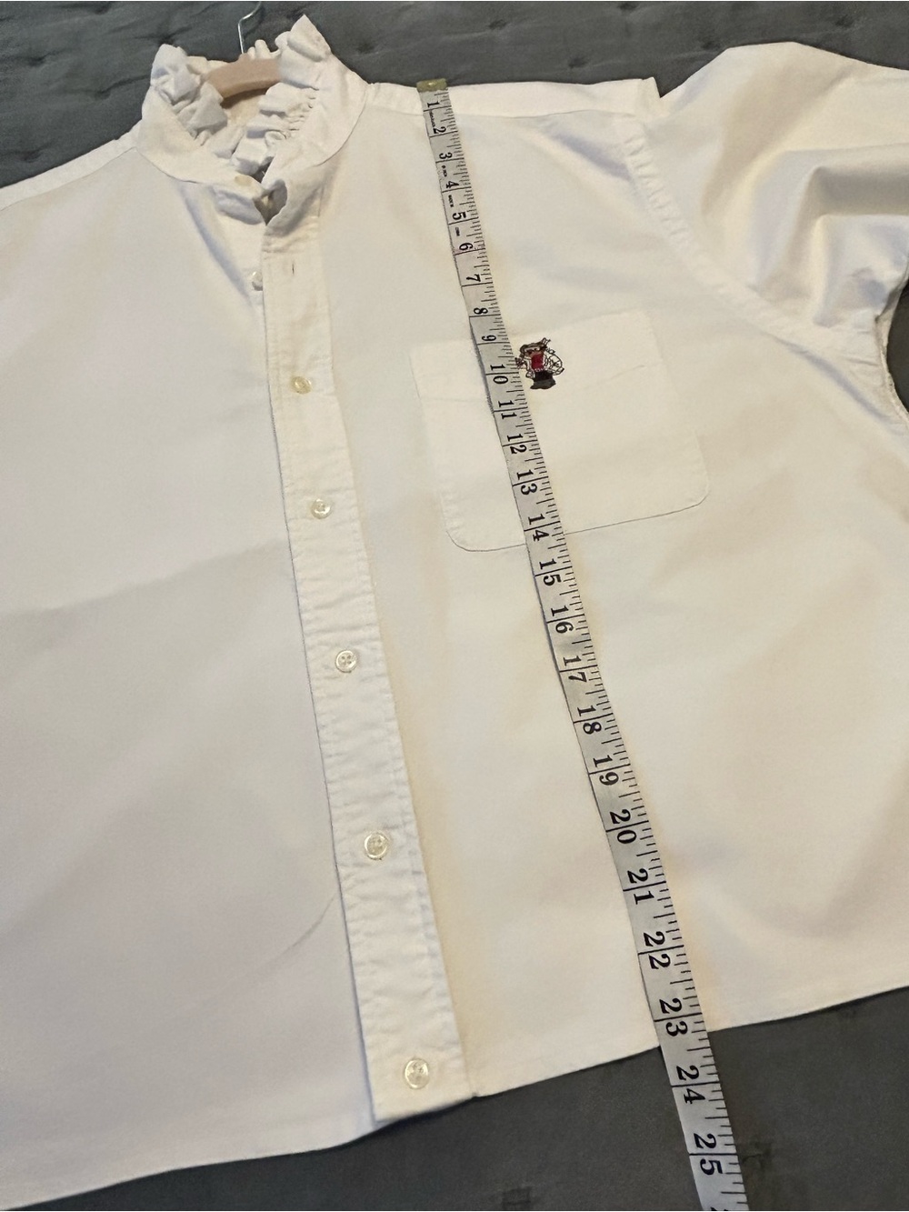 Upcycled Ralph Lauren White Button-Down Shirt Embroidered Polo Bear Pocket Med - Picture 8 of 10